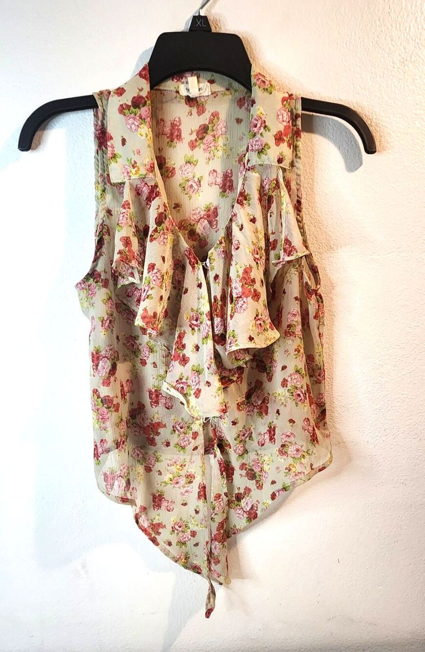 teenbell Shabby Chic Floral Chiffon Blouse - Ruffle Front Sleeveless Top  Sz S